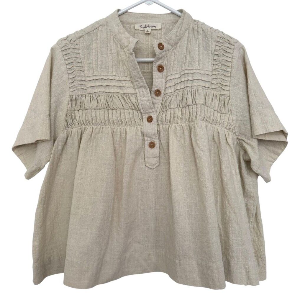 Solitaire by Ravi Khosla Womens LARGE Peasant Blouse Beige Pleated Boho Button